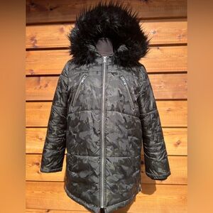 Express Black Camouflage Puffer Jacket with Faux Fur Hood